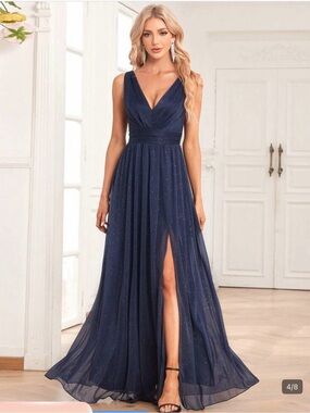 Source Unknown Navy Blue Sparkle V-Neck Prom Gown with Slit